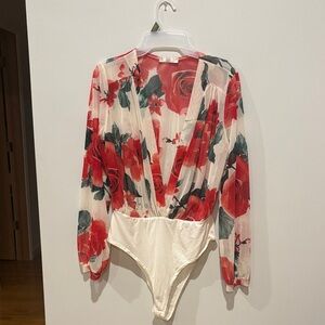 Floral Sheer Bodysuit with Red Roses